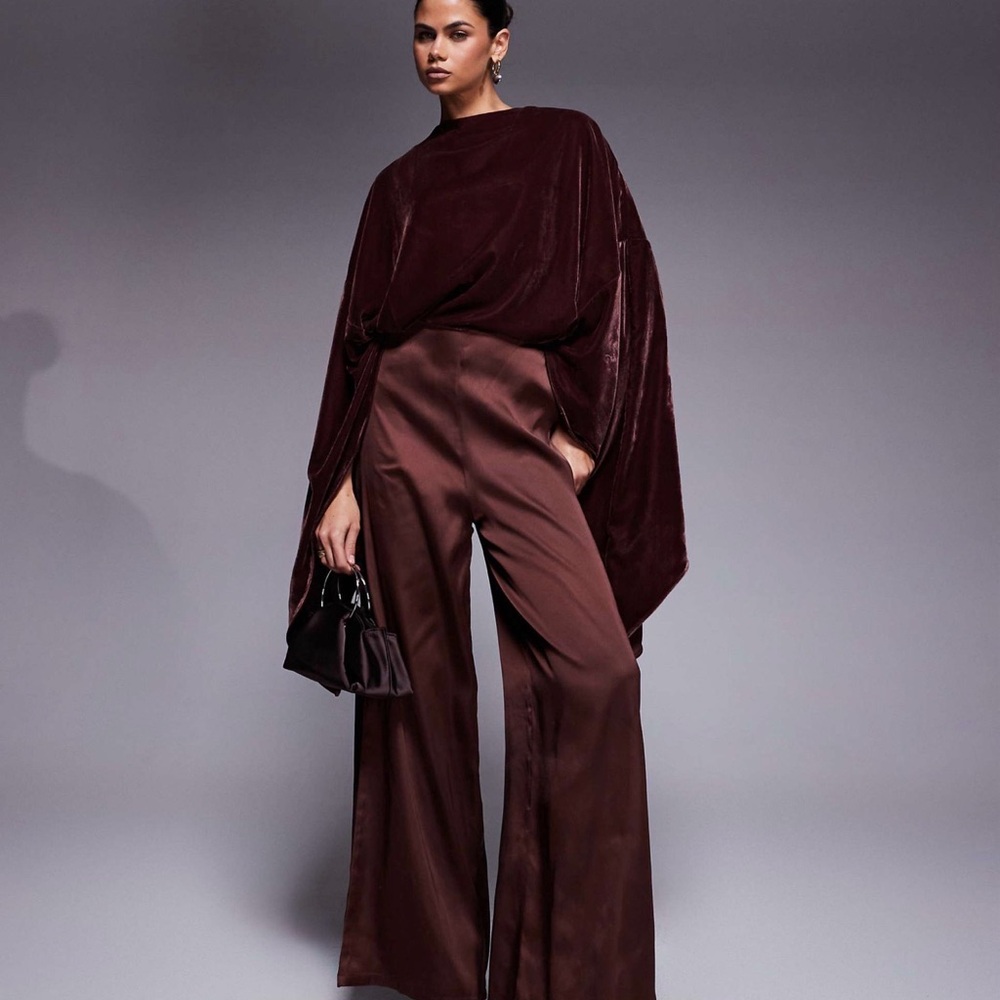 ASOS DESIGN velvet bodice satin wide leg jumpsuit in chocolate